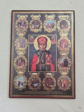 Orthodox Icon Plaque with Saint Nicholas in Red and Gold